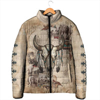 Buffalo Skull Padded Jacket Feathers Tribal Map and Historical Indigenous Native American Heritage Bison - Wonder Print Shop