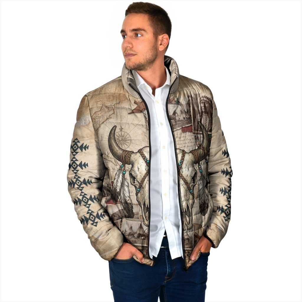 Buffalo Skull Padded Jacket Feathers Tribal Map and Historical Indigenous Native American Heritage Bison - Wonder Print Shop