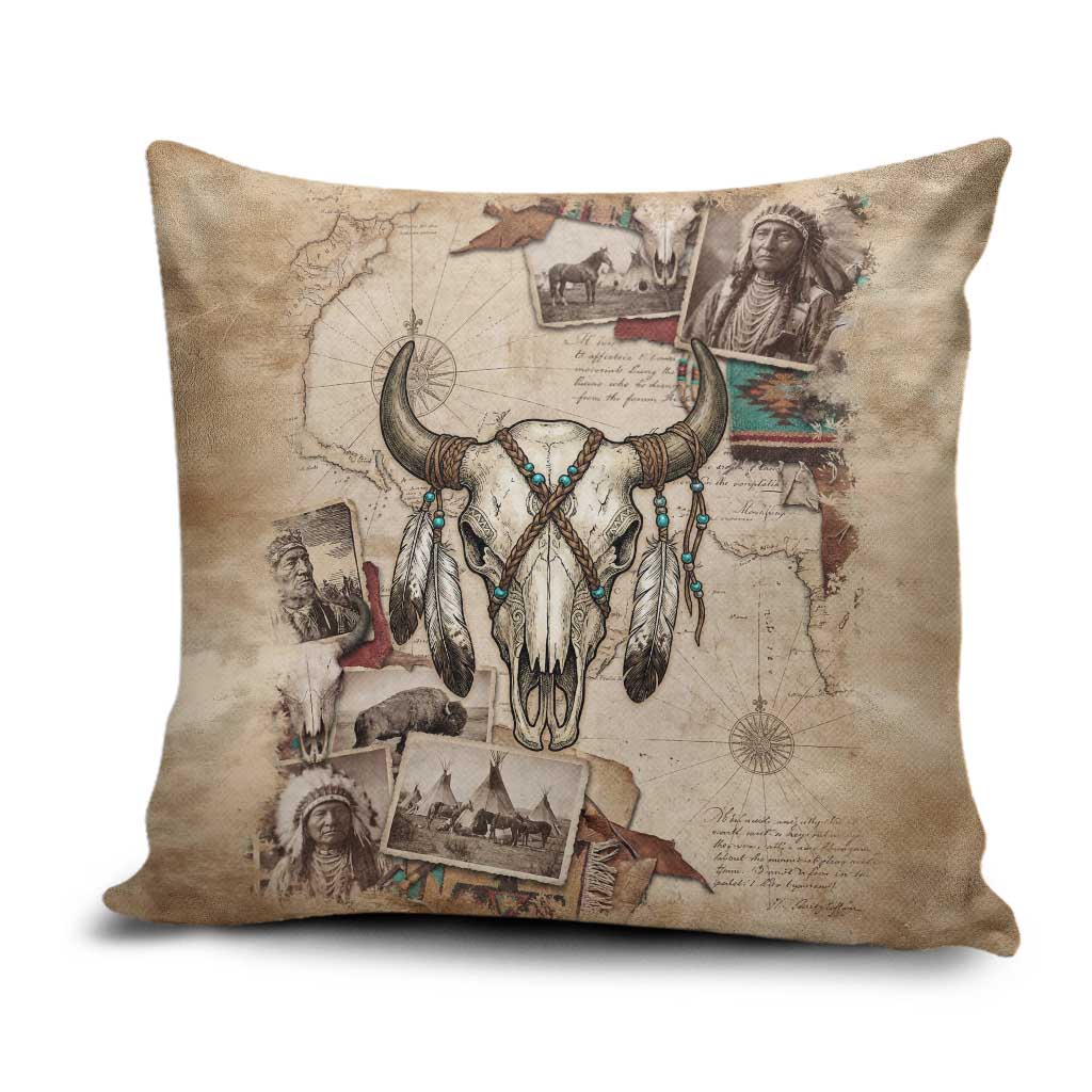 Buffalo Skull Pillow Cover Feathers Tribal Map and Historical Indigenous Native American Heritage Bison - Wonder Print Shop