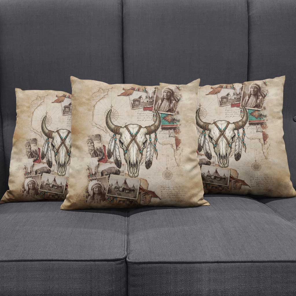 Buffalo Skull Pillow Cover Feathers Tribal Map and Historical Indigenous Native American Heritage Bison - Wonder Print Shop