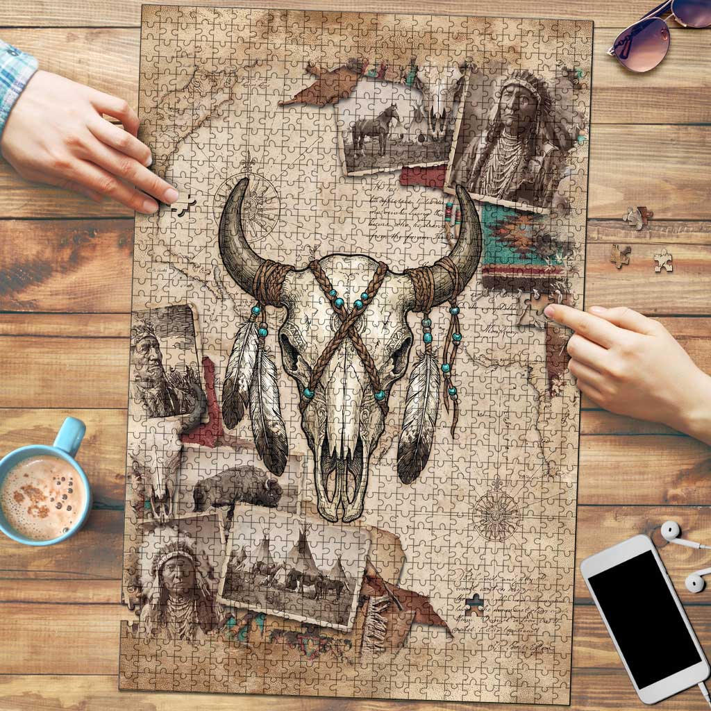 Buffalo Skull Puzzle Feathers Tribal Map and Historical Indigenous Native American Heritage Bison - Wonder Print Shop