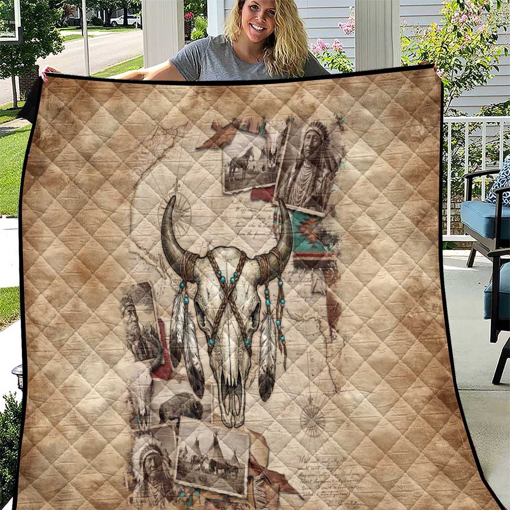 Buffalo Skull Quilt Feathers Tribal Map and Historical Indigenous Native American Heritage Bison - Wonder Print Shop