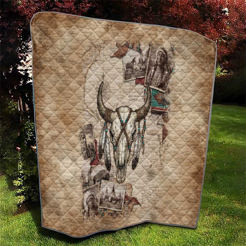 Buffalo Skull Quilt Feathers Tribal Map and Historical Indigenous Native American Heritage Bison - Wonder Print Shop