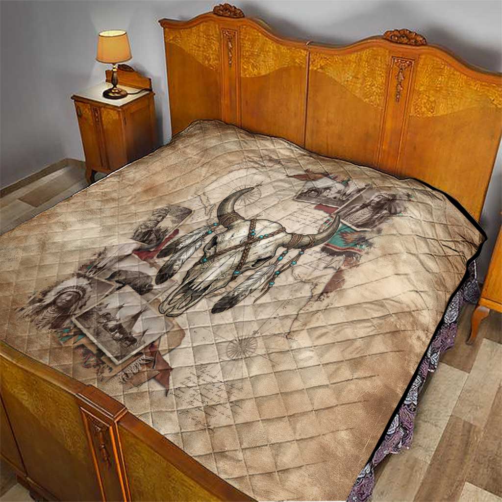 Buffalo Skull Quilt Feathers Tribal Map and Historical Indigenous Native American Heritage Bison - Wonder Print Shop