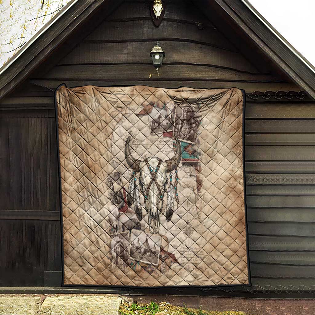 Buffalo Skull Quilt Feathers Tribal Map and Historical Indigenous Native American Heritage Bison - Wonder Print Shop