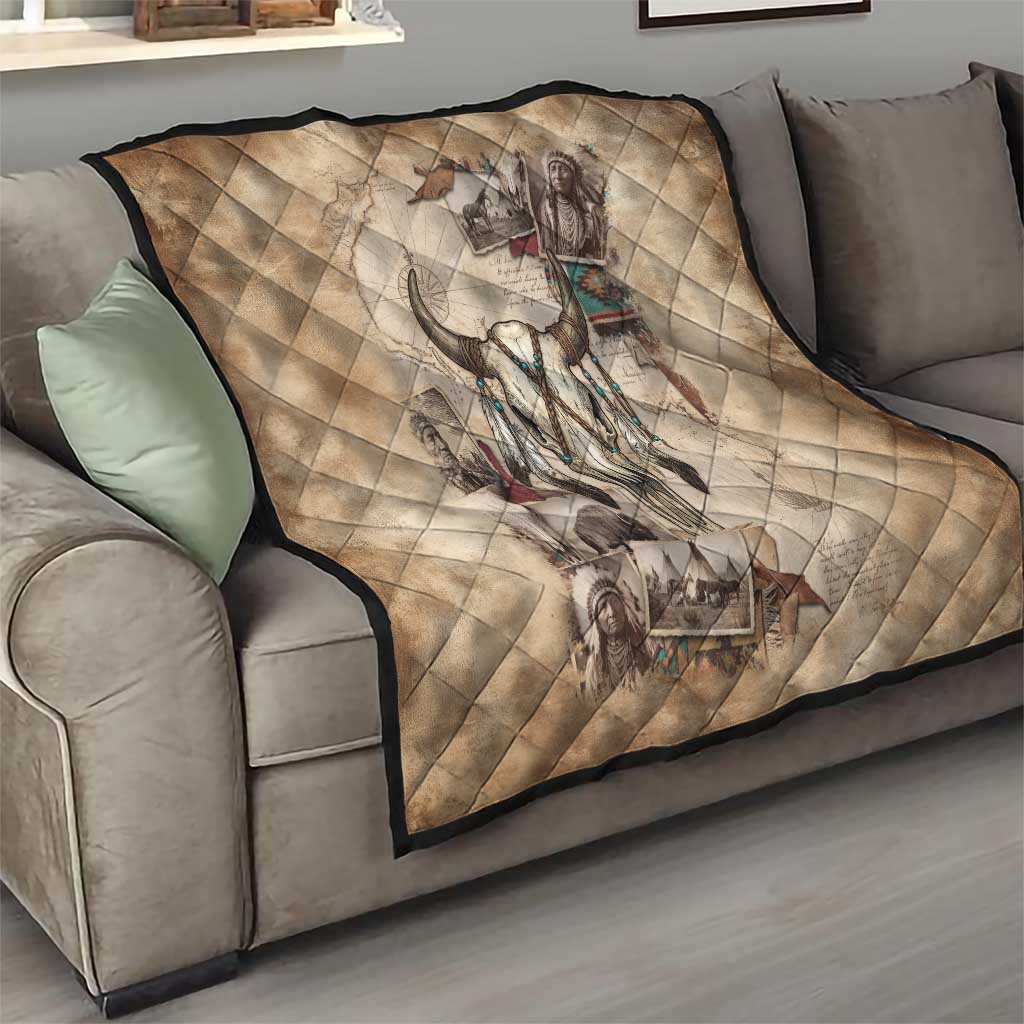 Buffalo Skull Quilt Feathers Tribal Map and Historical Indigenous Native American Heritage Bison - Wonder Print Shop