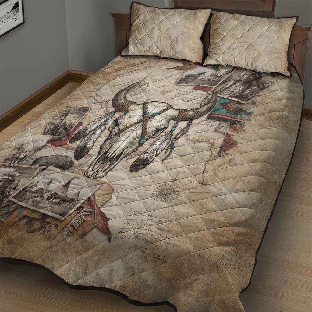 Buffalo Skull Quilt Bed Set Feathers Tribal Map and Historical Indigenous Native American Heritage Bison - Wonder Print Shop