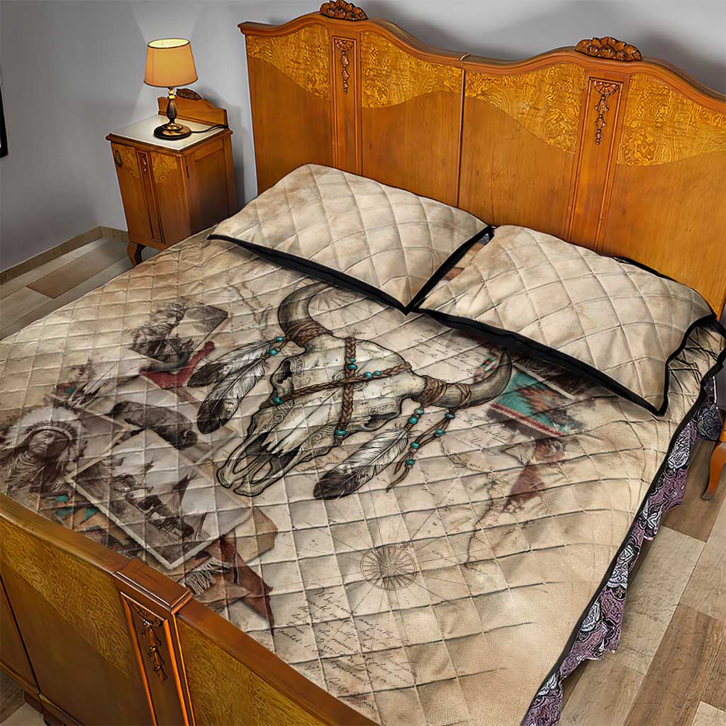 Buffalo Skull Quilt Bed Set Feathers Tribal Map and Historical Indigenous Native American Heritage Bison - Wonder Print Shop