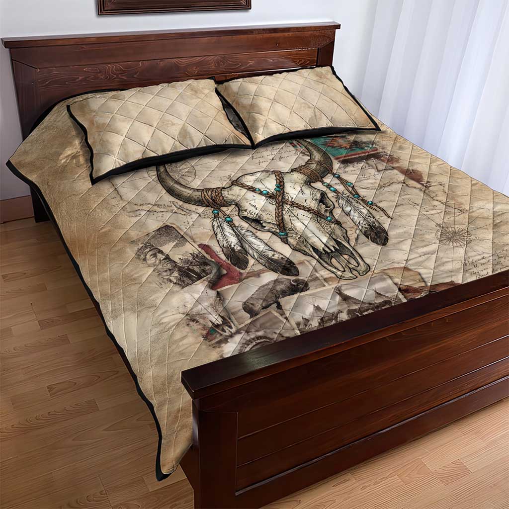 Buffalo Skull Quilt Bed Set Feathers Tribal Map and Historical Indigenous Native American Heritage Bison - Wonder Print Shop