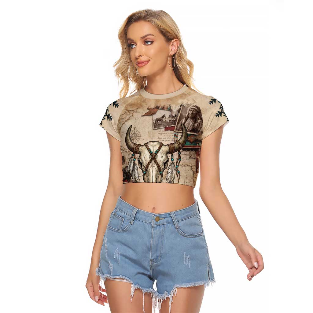 Buffalo Skull Raglan Cropped T Shirt Feathers Tribal Map and Historical Indigenous Native American Heritage Bison - Wonder Print Shop