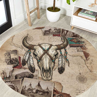 Buffalo Skull Round Carpet Feathers Tribal Map and Historical Indigenous Native American Heritage Bison - Wonder Print Shop