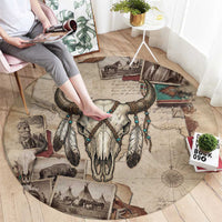 Buffalo Skull Round Carpet Feathers Tribal Map and Historical Indigenous Native American Heritage Bison - Wonder Print Shop