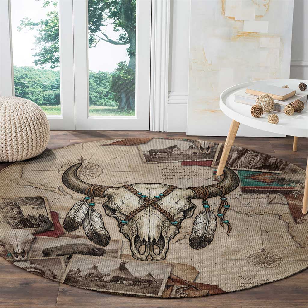 Buffalo Skull Round Carpet Feathers Tribal Map and Historical Indigenous Native American Heritage Bison - Wonder Print Shop
