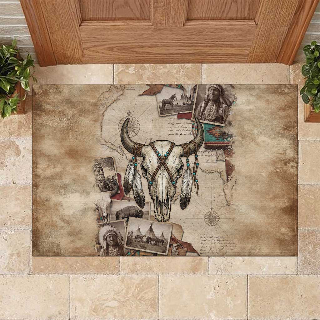 Buffalo Skull Rubber Doormat Feathers Tribal Map and Historical Indigenous Native American Heritage Bison - Wonder Print Shop