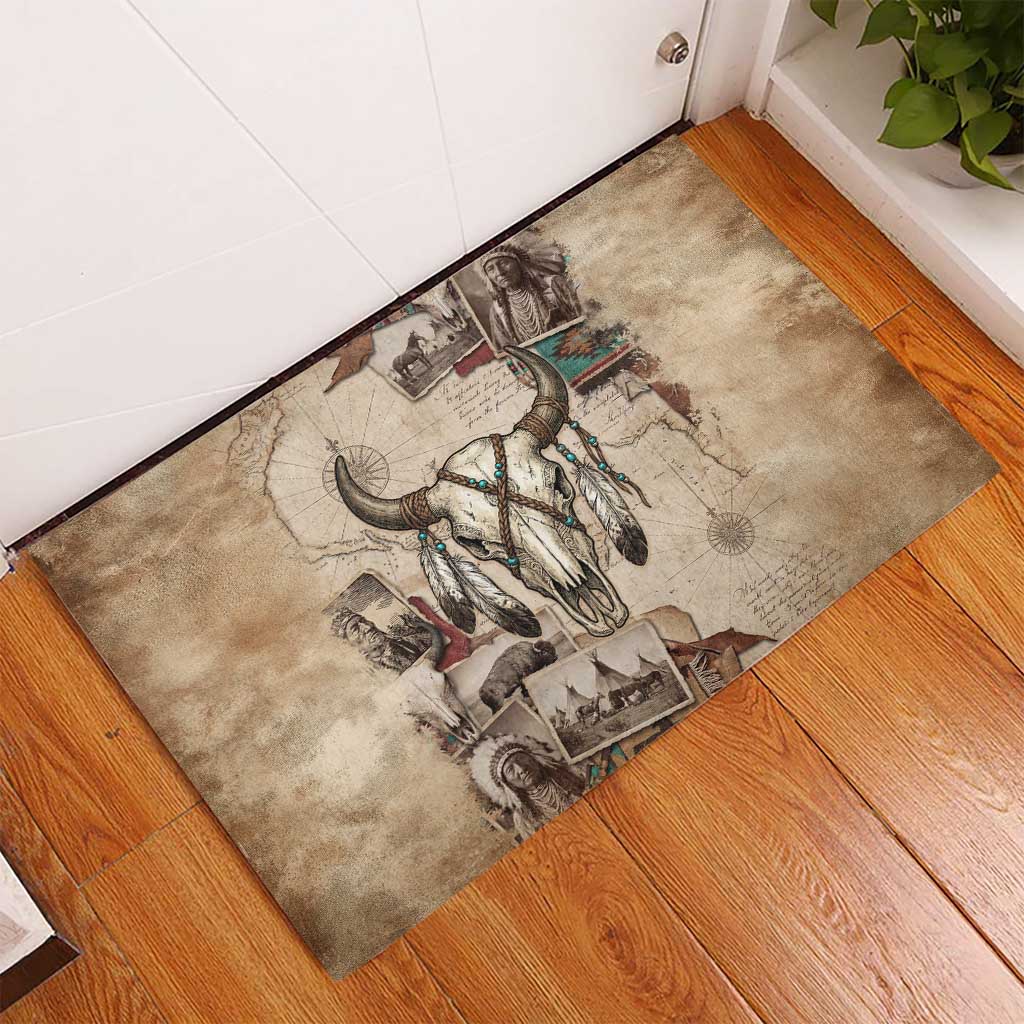 Buffalo Skull Rubber Doormat Feathers Tribal Map and Historical Indigenous Native American Heritage Bison - Wonder Print Shop