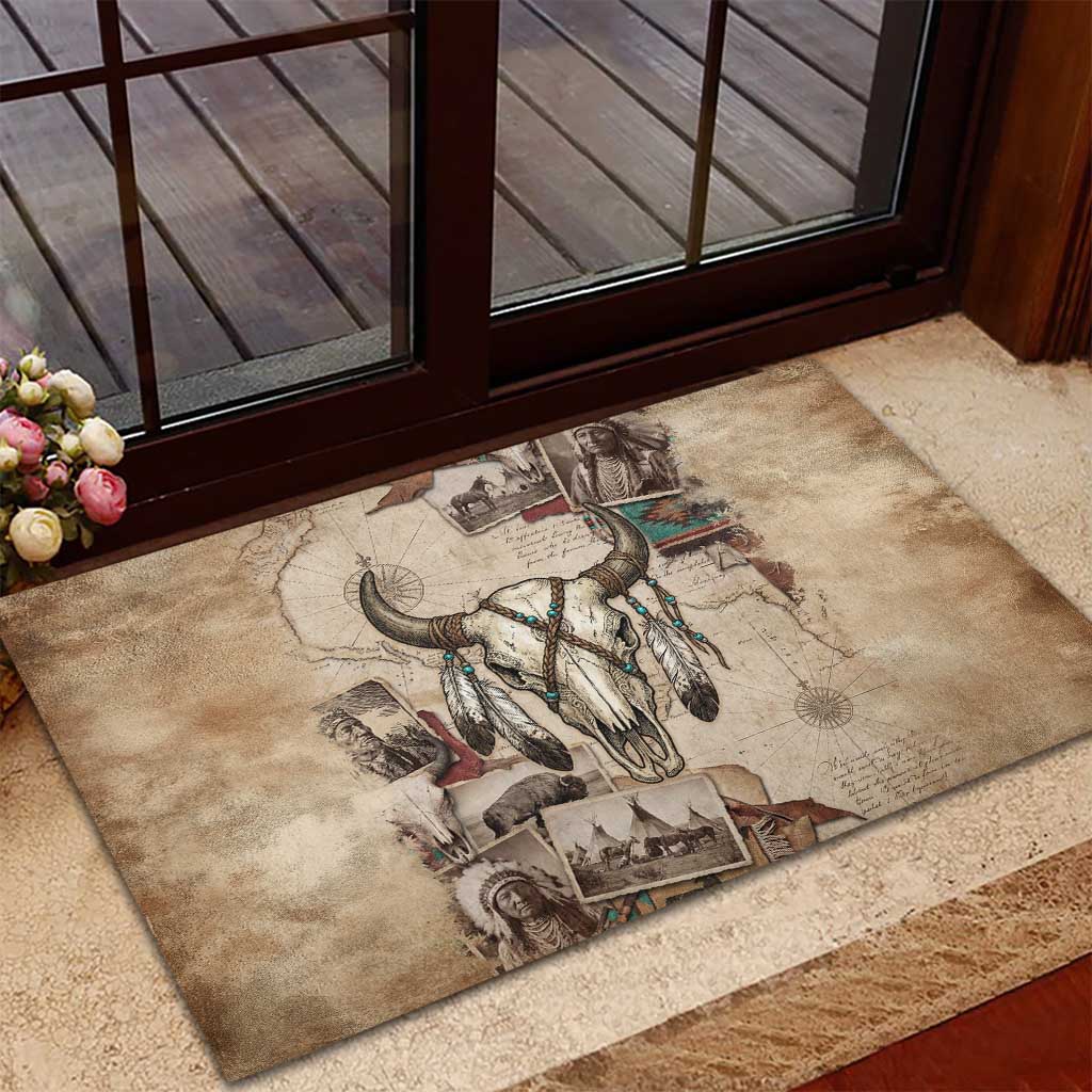 Buffalo Skull Rubber Doormat Feathers Tribal Map and Historical Indigenous Native American Heritage Bison - Wonder Print Shop