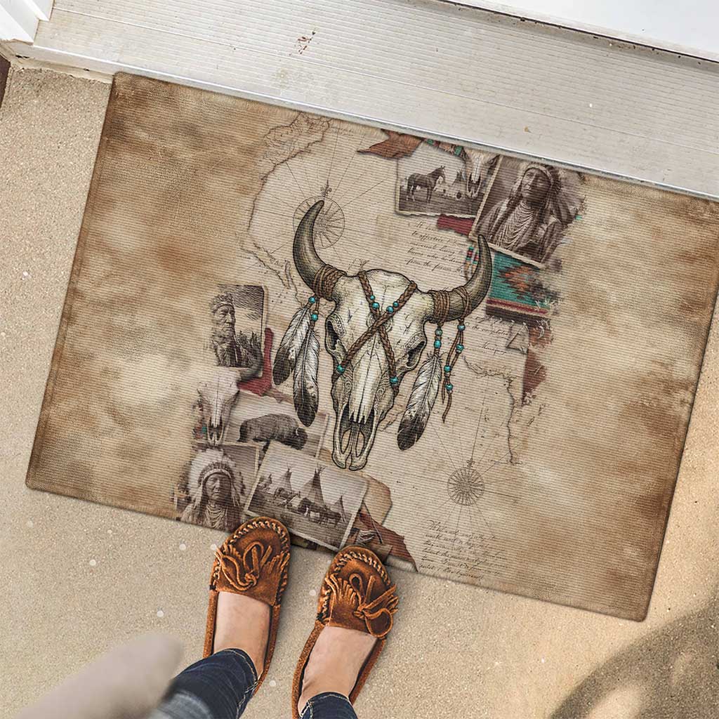 Buffalo Skull Rubber Doormat Feathers Tribal Map and Historical Indigenous Native American Heritage Bison - Wonder Print Shop