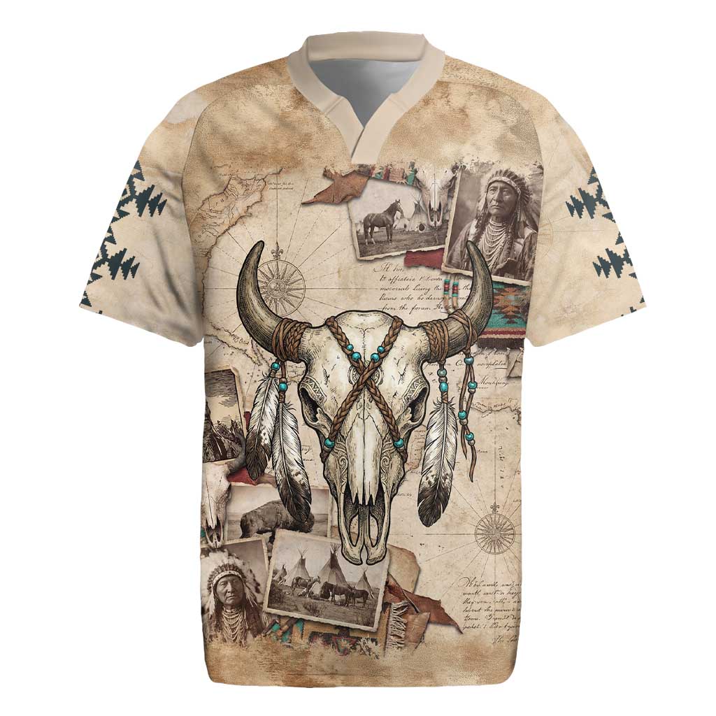 Buffalo Skull Rugby Jersey Feathers Tribal Map and Historical Indigenous Native American Heritage Bison - Wonder Print Shop