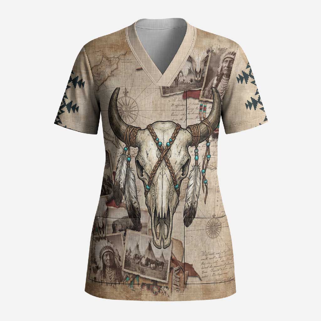 Buffalo Skull Scrub Top Feathers Tribal Map and Historical Indigenous Native American Heritage Bison - Wonder Print Shop