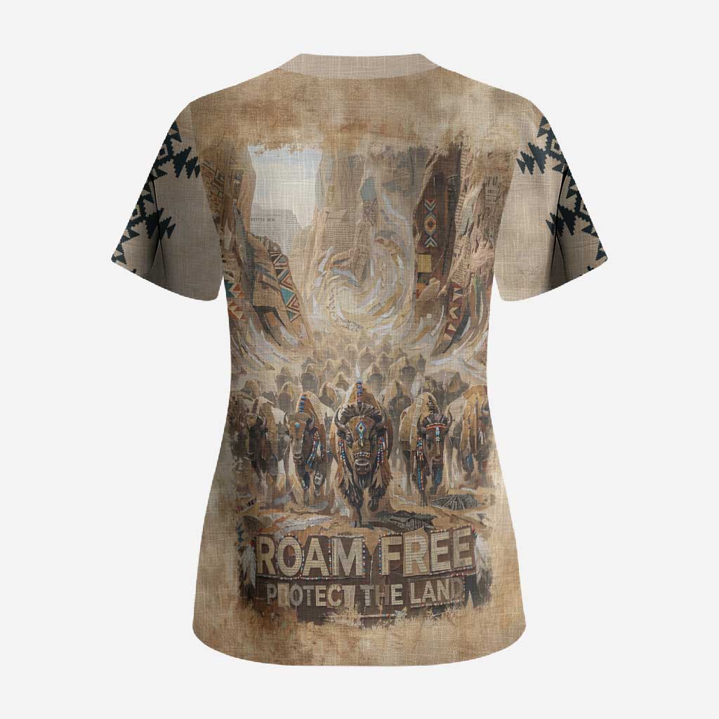 Buffalo Skull Scrub Top Feathers Tribal Map and Historical Indigenous Native American Heritage Bison - Wonder Print Shop