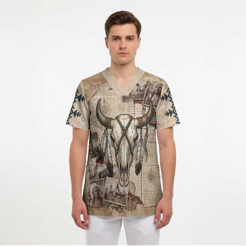 Buffalo Skull Scrub Top Feathers Tribal Map and Historical Indigenous Native American Heritage Bison - Wonder Print Shop