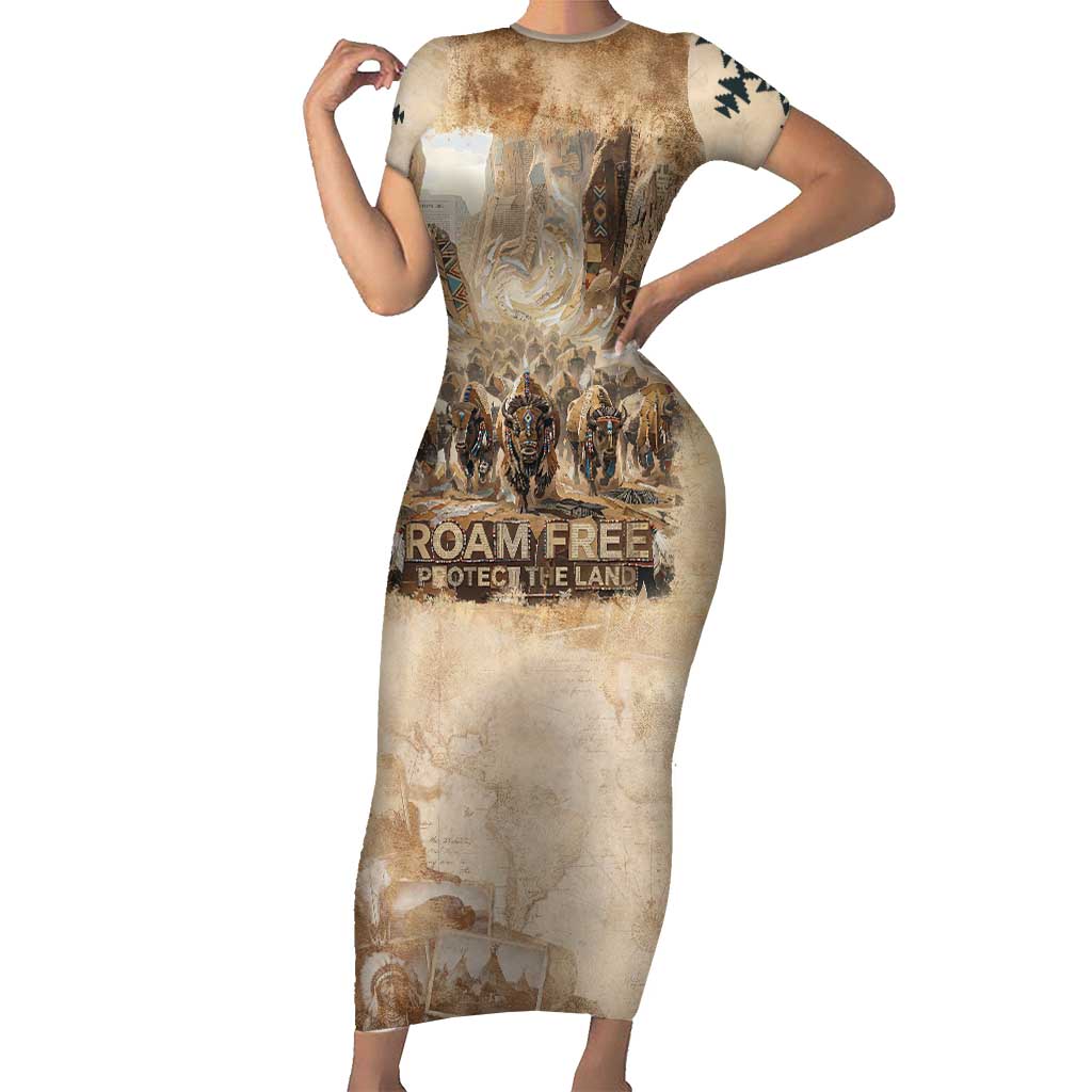 Buffalo Skull Short Sleeve Bodycon Dress Feathers Tribal Map and Historical Indigenous Native American Heritage Bison - Wonder Print Shop