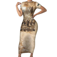 Buffalo Skull Short Sleeve Bodycon Dress Feathers Tribal Map and Historical Indigenous Native American Heritage Bison - Wonder Print Shop