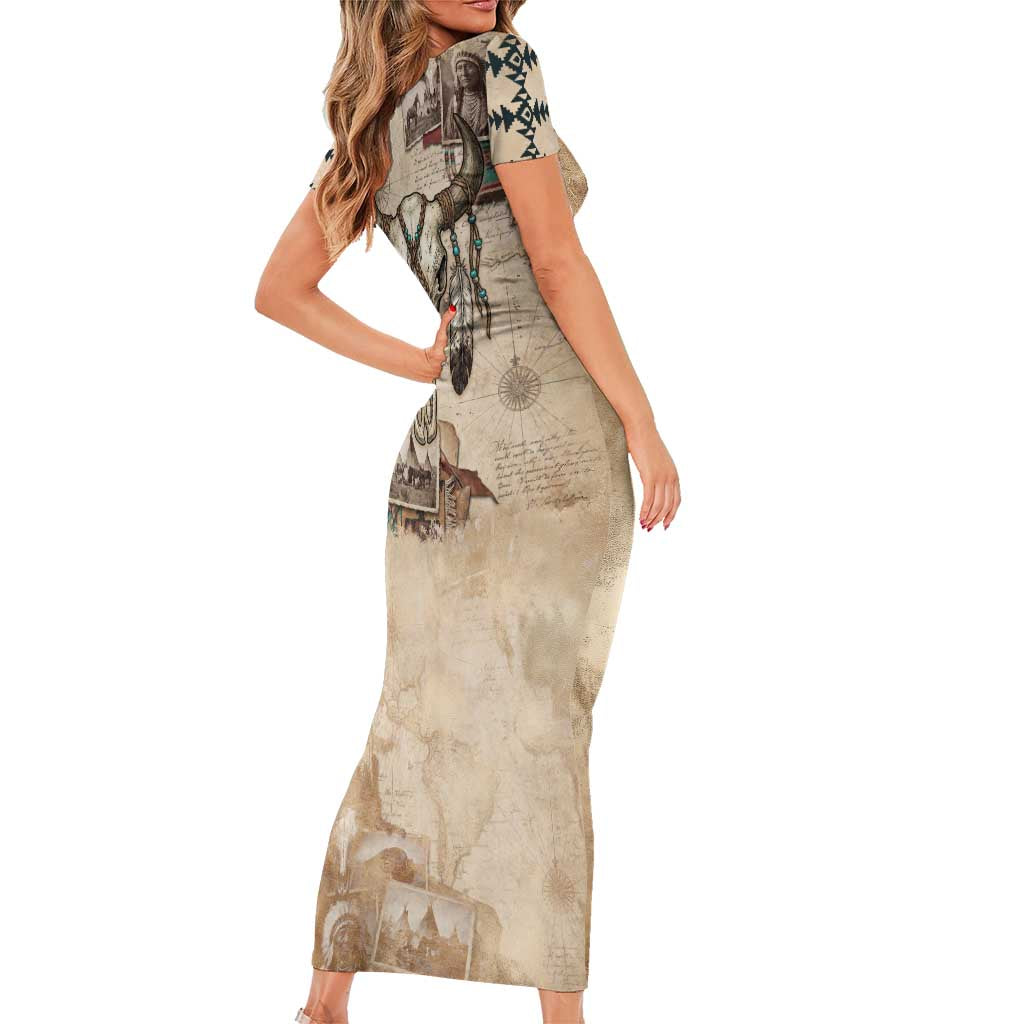 Buffalo Skull Short Sleeve Bodycon Dress Feathers Tribal Map and Historical Indigenous Native American Heritage Bison - Wonder Print Shop