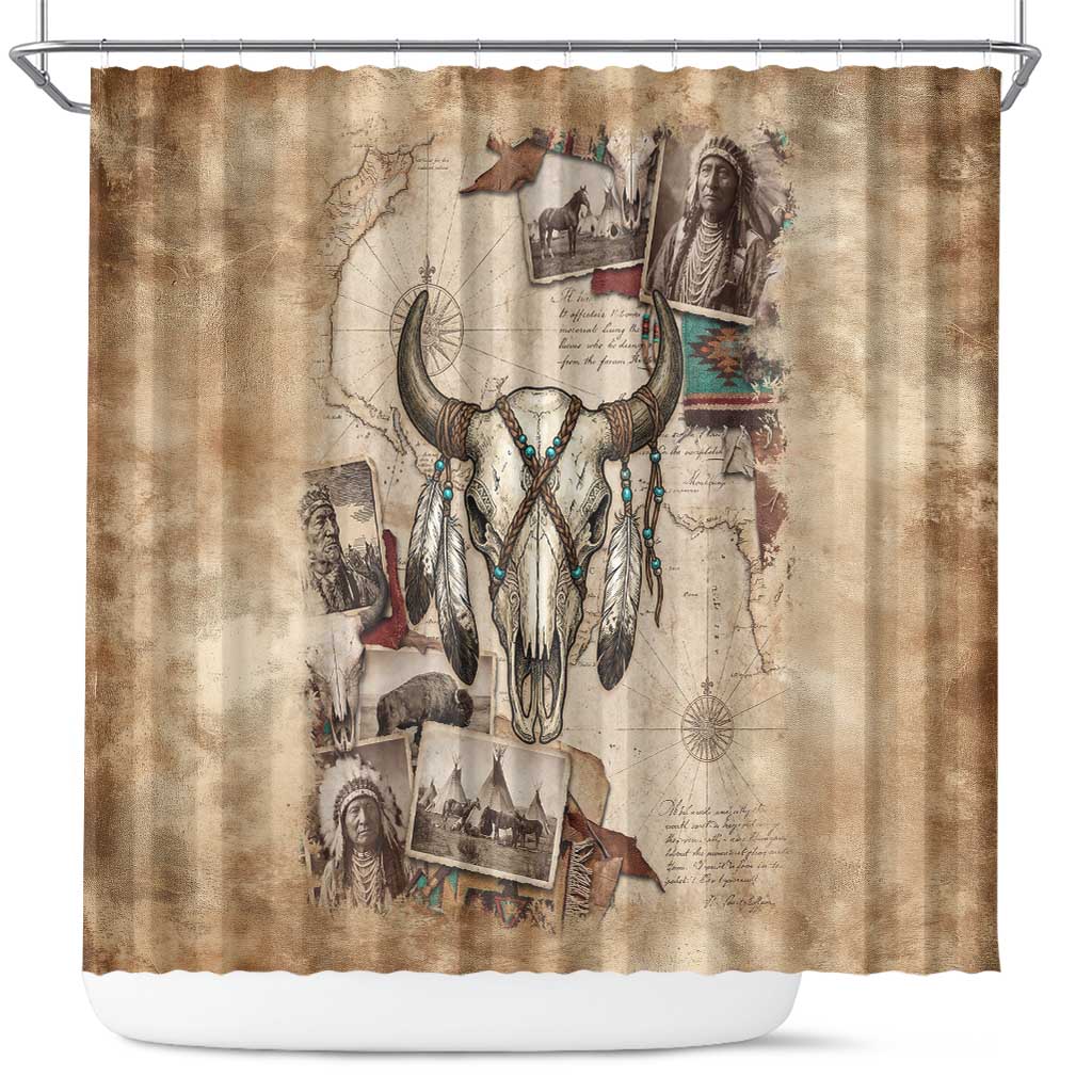 Buffalo Skull Shower Curtain Feathers Tribal Map and Historical Indigenous Native American Heritage Bison - Wonder Print Shop