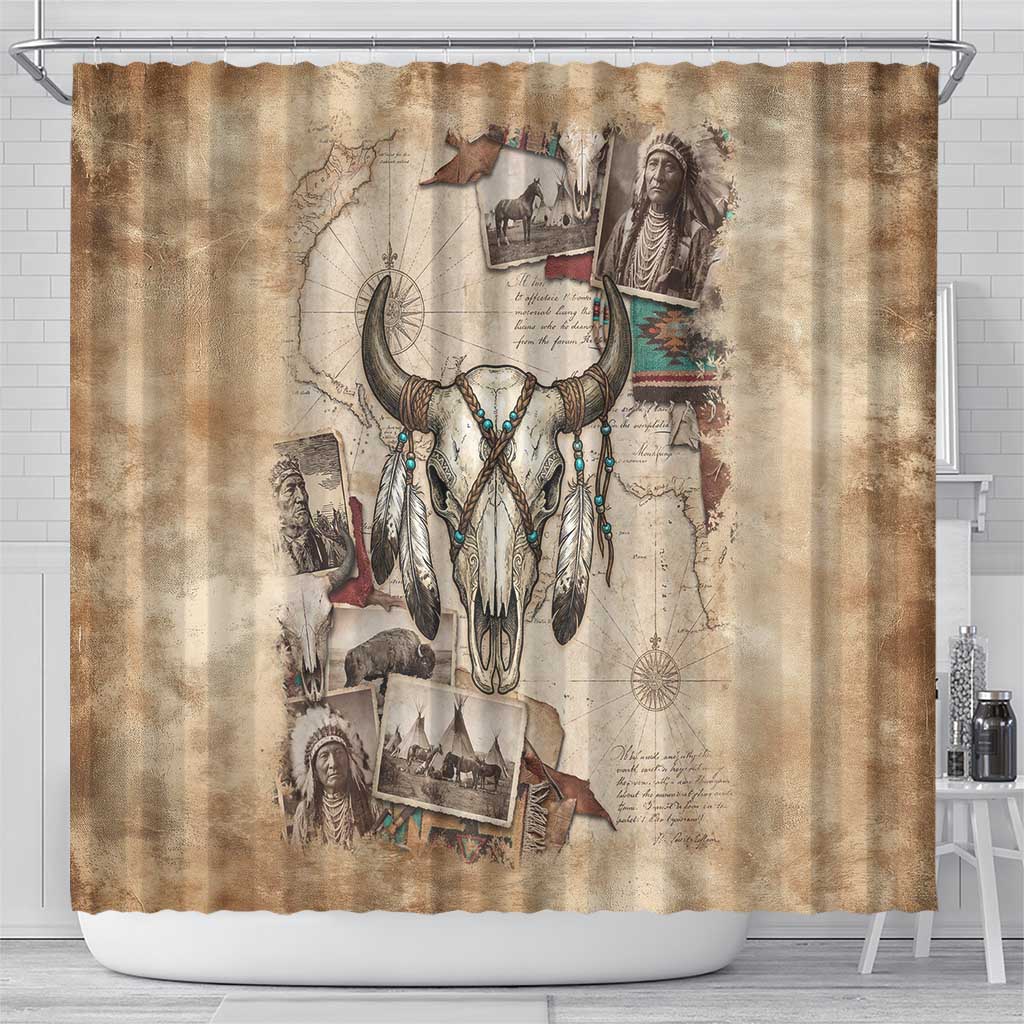 Buffalo Skull Shower Curtain Feathers Tribal Map and Historical Indigenous Native American Heritage Bison - Wonder Print Shop
