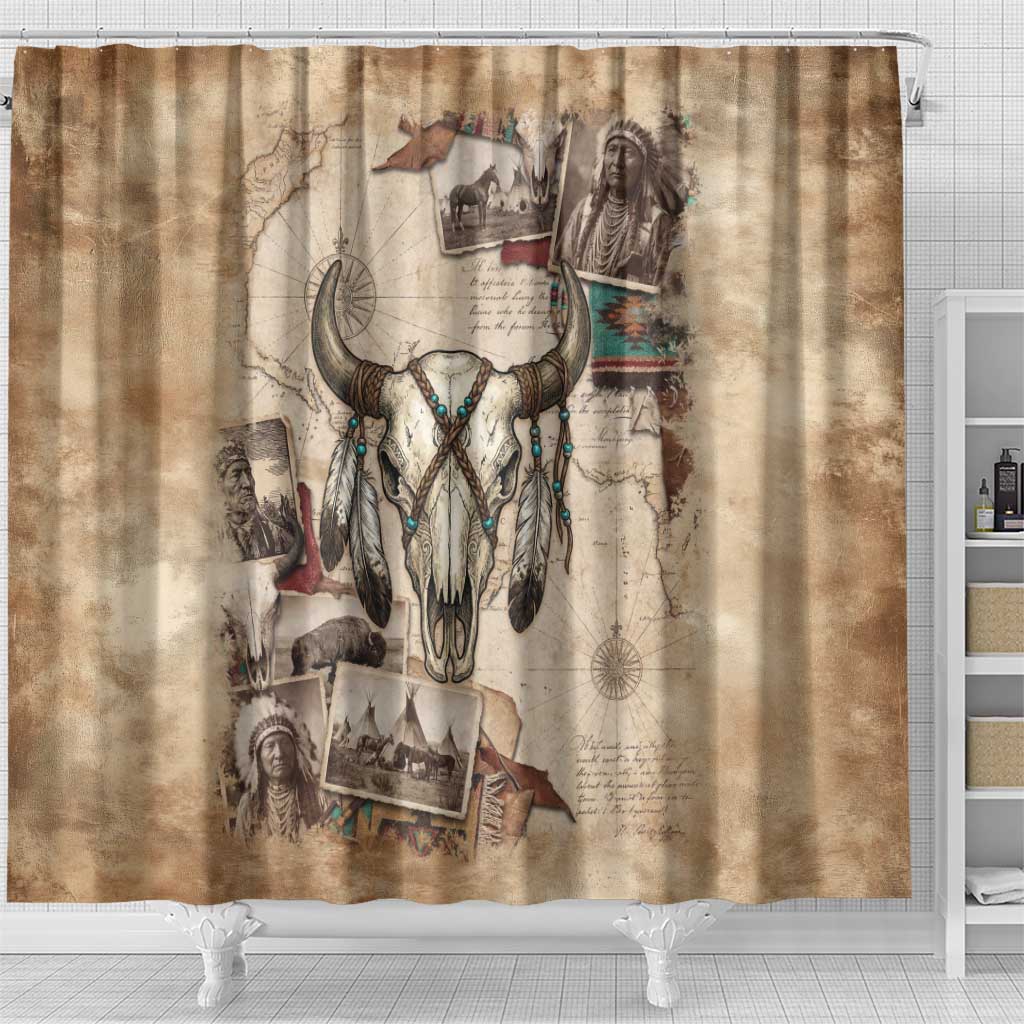 Buffalo Skull Shower Curtain Feathers Tribal Map and Historical Indigenous Native American Heritage Bison - Wonder Print Shop