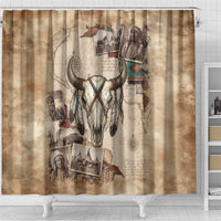 Buffalo Skull Shower Curtain Feathers Tribal Map and Historical Indigenous Native American Heritage Bison - Wonder Print Shop