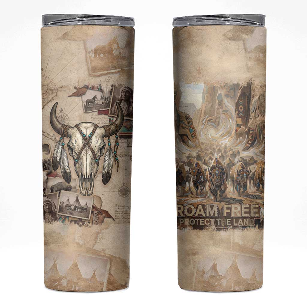 Buffalo Skull Skinny Tumbler Feathers Tribal Map and Historical Indigenous Native American Heritage Bison - Wonder Print Shop