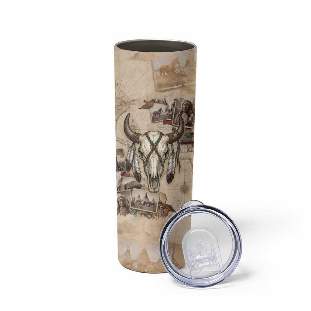 Buffalo Skull Skinny Tumbler Feathers Tribal Map and Historical Indigenous Native American Heritage Bison - Wonder Print Shop