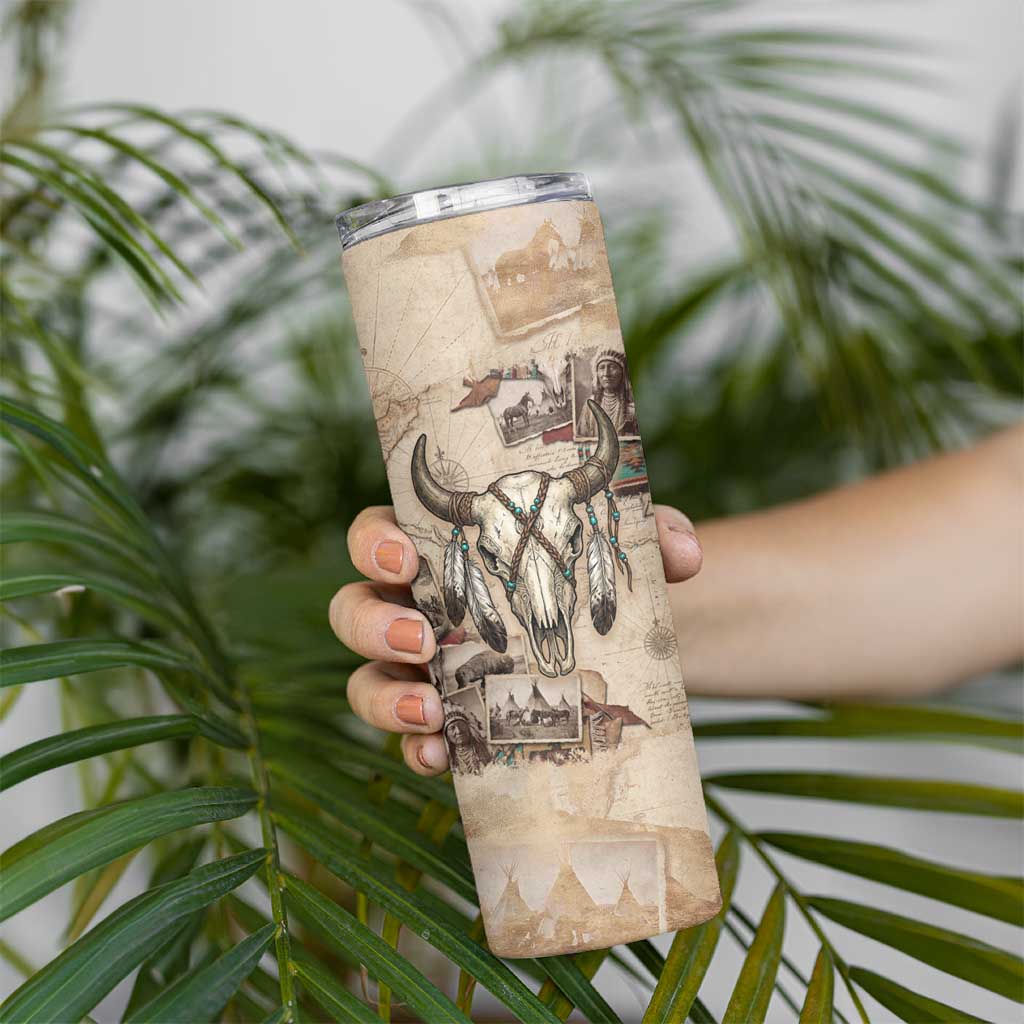 Buffalo Skull Skinny Tumbler Feathers Tribal Map and Historical Indigenous Native American Heritage Bison - Wonder Print Shop