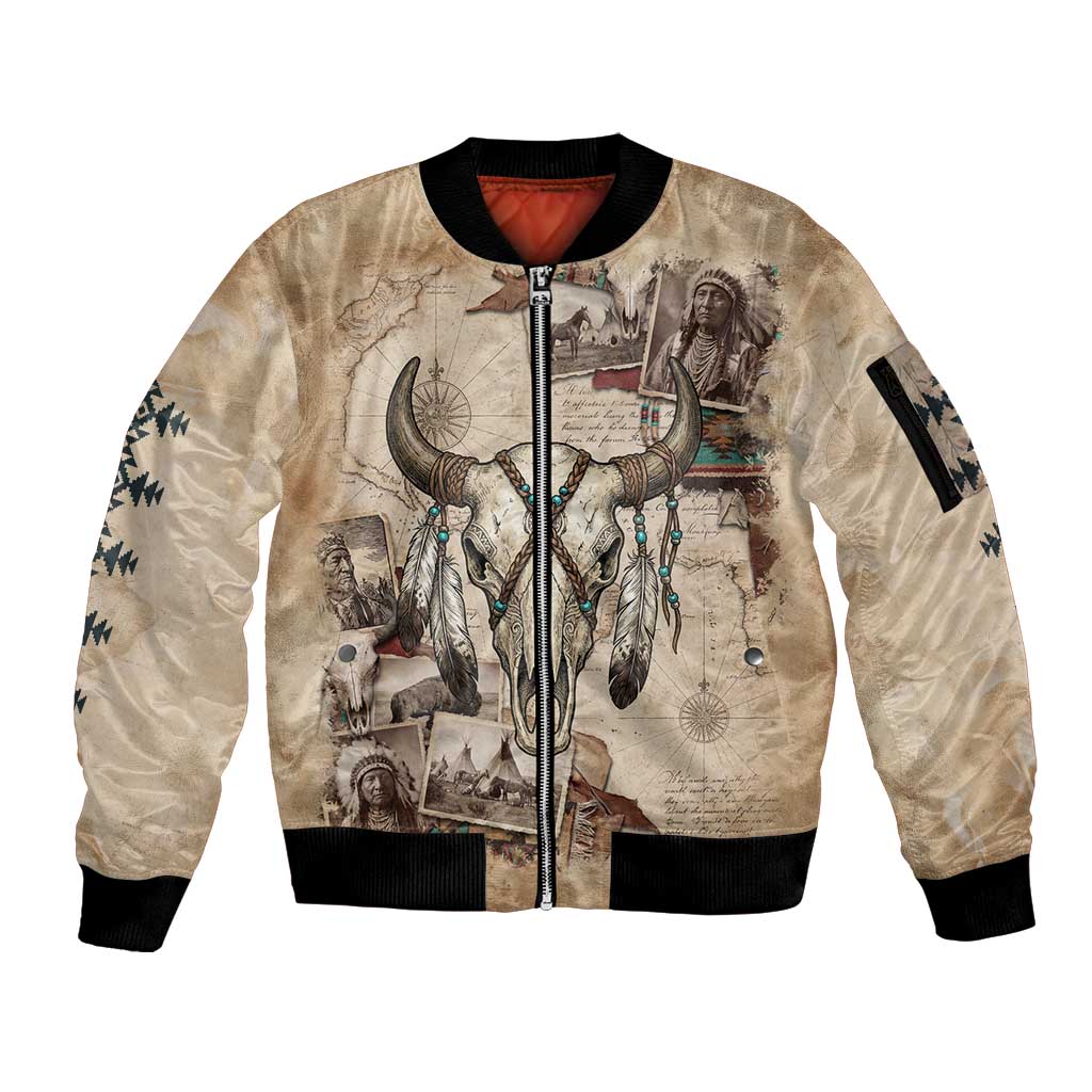 Buffalo Skull Sleeve Zip Bomber Jacket Feathers Tribal Map and Historical Indigenous Native American Heritage Bison - Wonder Print Shop
