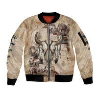 Buffalo Skull Sleeve Zip Bomber Jacket Feathers Tribal Map and Historical Indigenous Native American Heritage Bison - Wonder Print Shop
