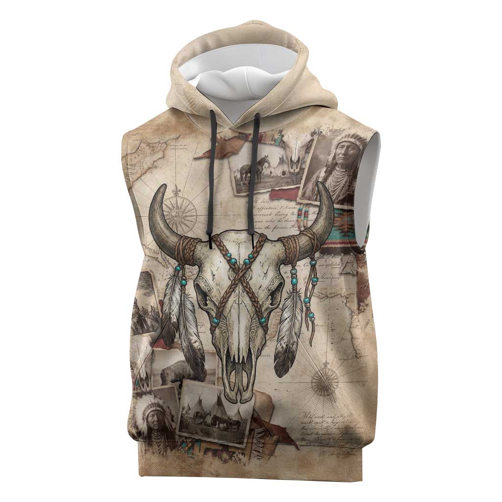 Buffalo Skull Sleeveless Hoodie Feathers Tribal Map and Historical Indigenous Native American Heritage Bison - Wonder Print Shop