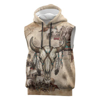Buffalo Skull Sleeveless Hoodie Feathers Tribal Map and Historical Indigenous Native American Heritage Bison - Wonder Print Shop