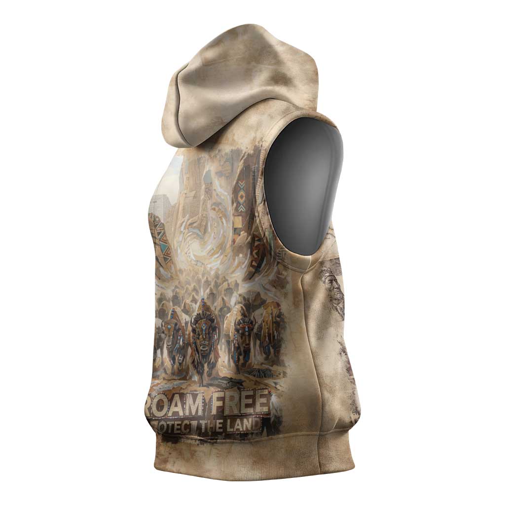Buffalo Skull Sleeveless Hoodie Feathers Tribal Map and Historical Indigenous Native American Heritage Bison - Wonder Print Shop