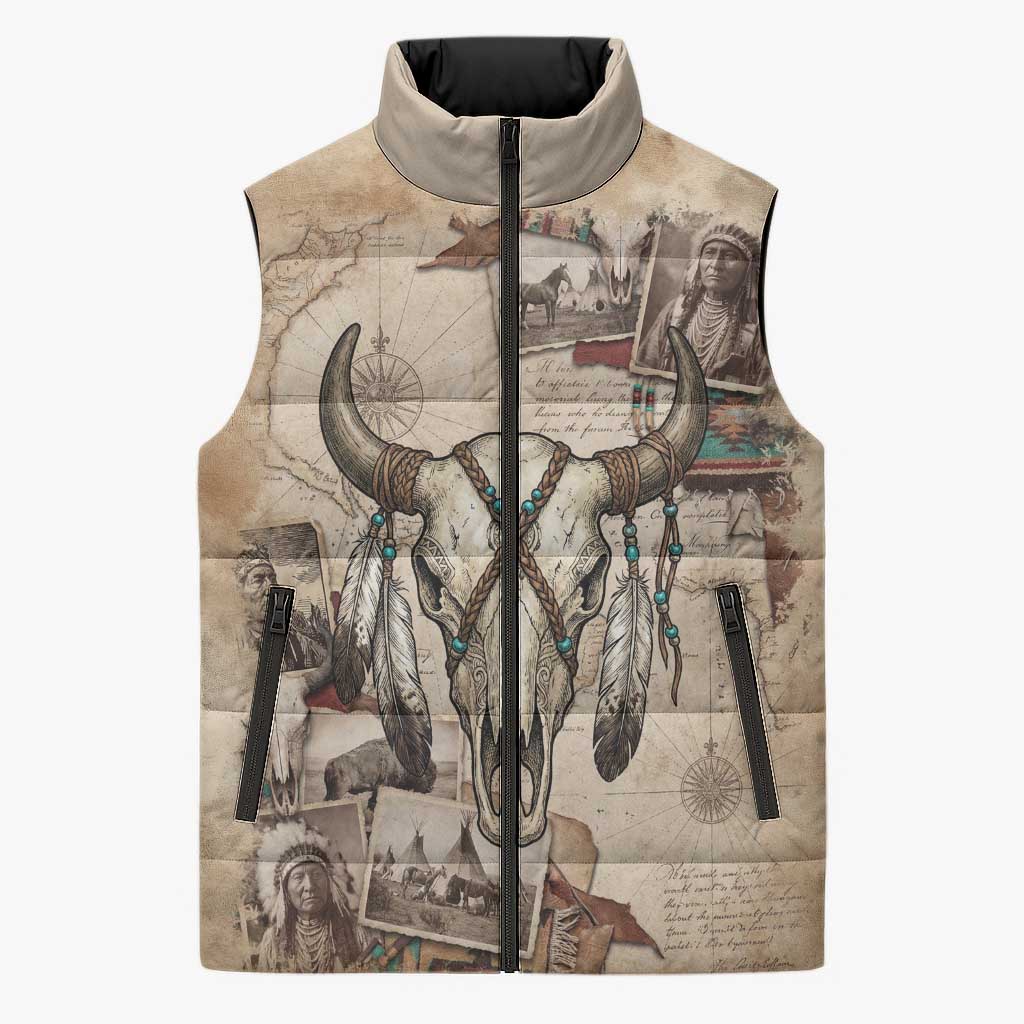 Buffalo Skull Sleeveless Puffer Jacket Feathers Tribal Map and Historical Indigenous Native American Heritage Bison - Wonder Print Shop