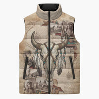 Buffalo Skull Sleeveless Puffer Jacket Feathers Tribal Map and Historical Indigenous Native American Heritage Bison - Wonder Print Shop