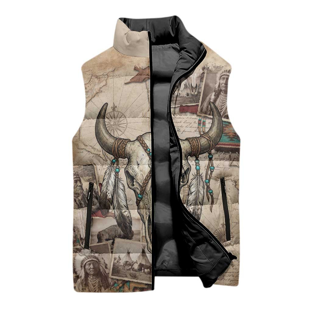 Buffalo Skull Sleeveless Puffer Jacket Feathers Tribal Map and Historical Indigenous Native American Heritage Bison - Wonder Print Shop