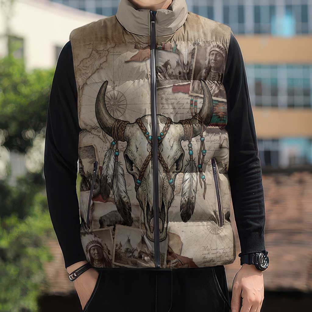 Buffalo Skull Sleeveless Puffer Jacket Feathers Tribal Map and Historical Indigenous Native American Heritage Bison - Wonder Print Shop