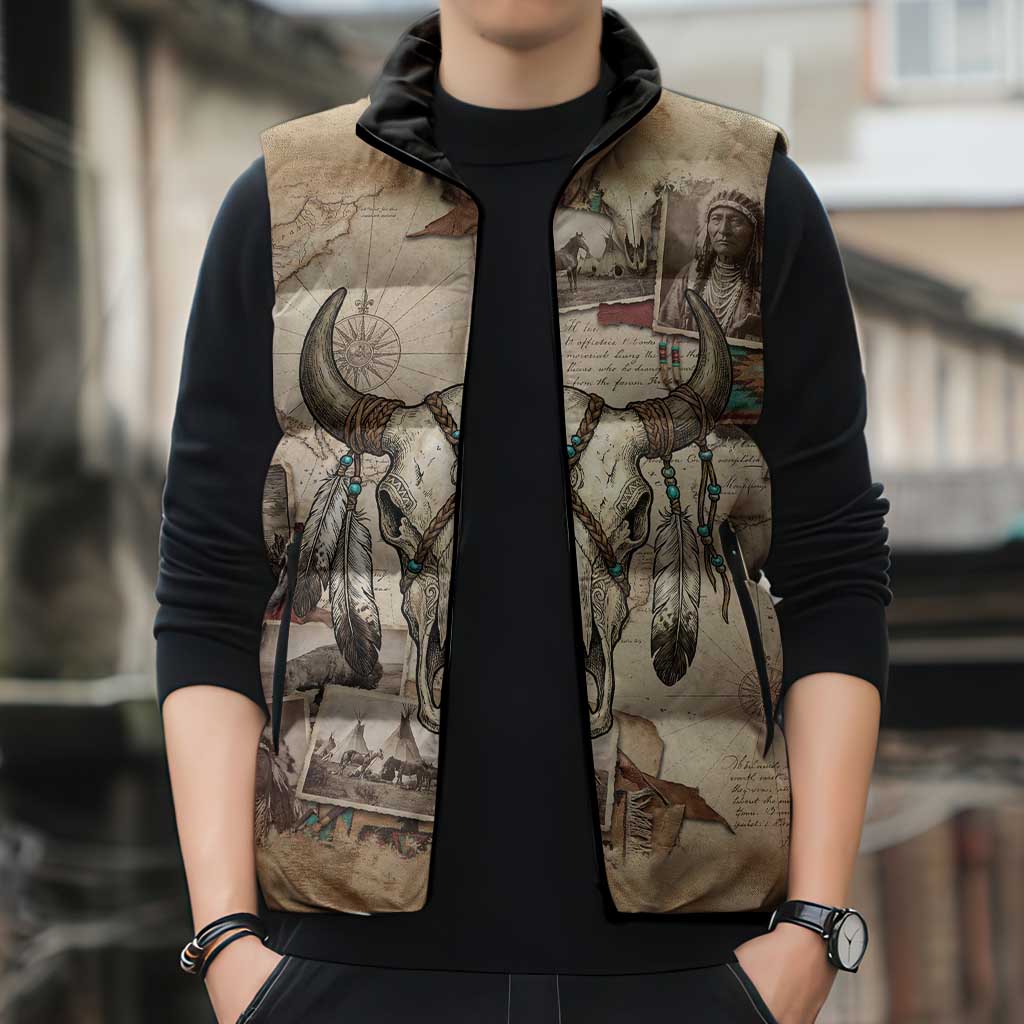 Buffalo Skull Sleeveless Puffer Jacket Feathers Tribal Map and Historical Indigenous Native American Heritage Bison - Wonder Print Shop