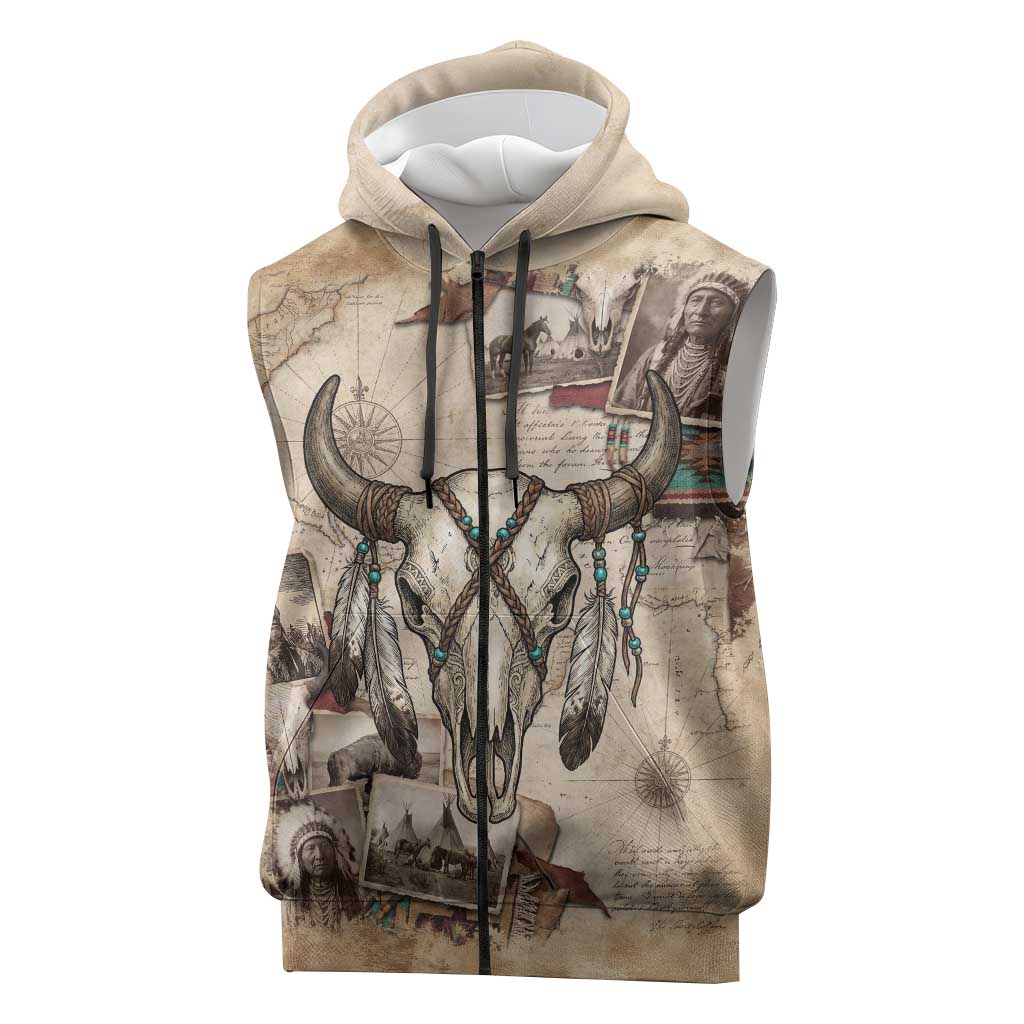 Buffalo Skull Sleeveless Zip Hoodie Feathers Tribal Map and Historical Indigenous Native American Heritage Bison - Wonder Print Shop