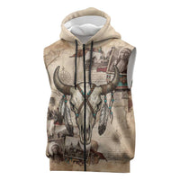 Buffalo Skull Sleeveless Zip Hoodie Feathers Tribal Map and Historical Indigenous Native American Heritage Bison - Wonder Print Shop