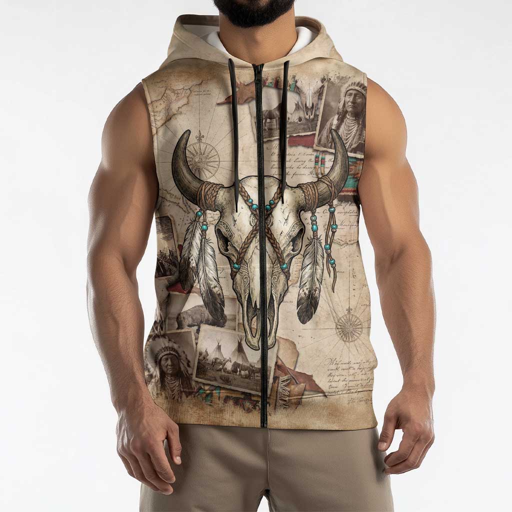 Buffalo Skull Sleeveless Zip Hoodie Feathers Tribal Map and Historical Indigenous Native American Heritage Bison - Wonder Print Shop