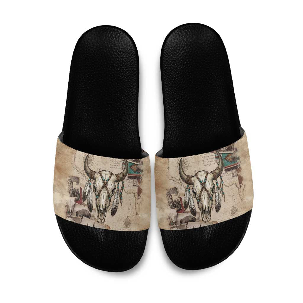 Buffalo Skull Slide Sandals Feathers Tribal Map and Historical Indigenous Native American Heritage Bison - Wonder Print Shop
