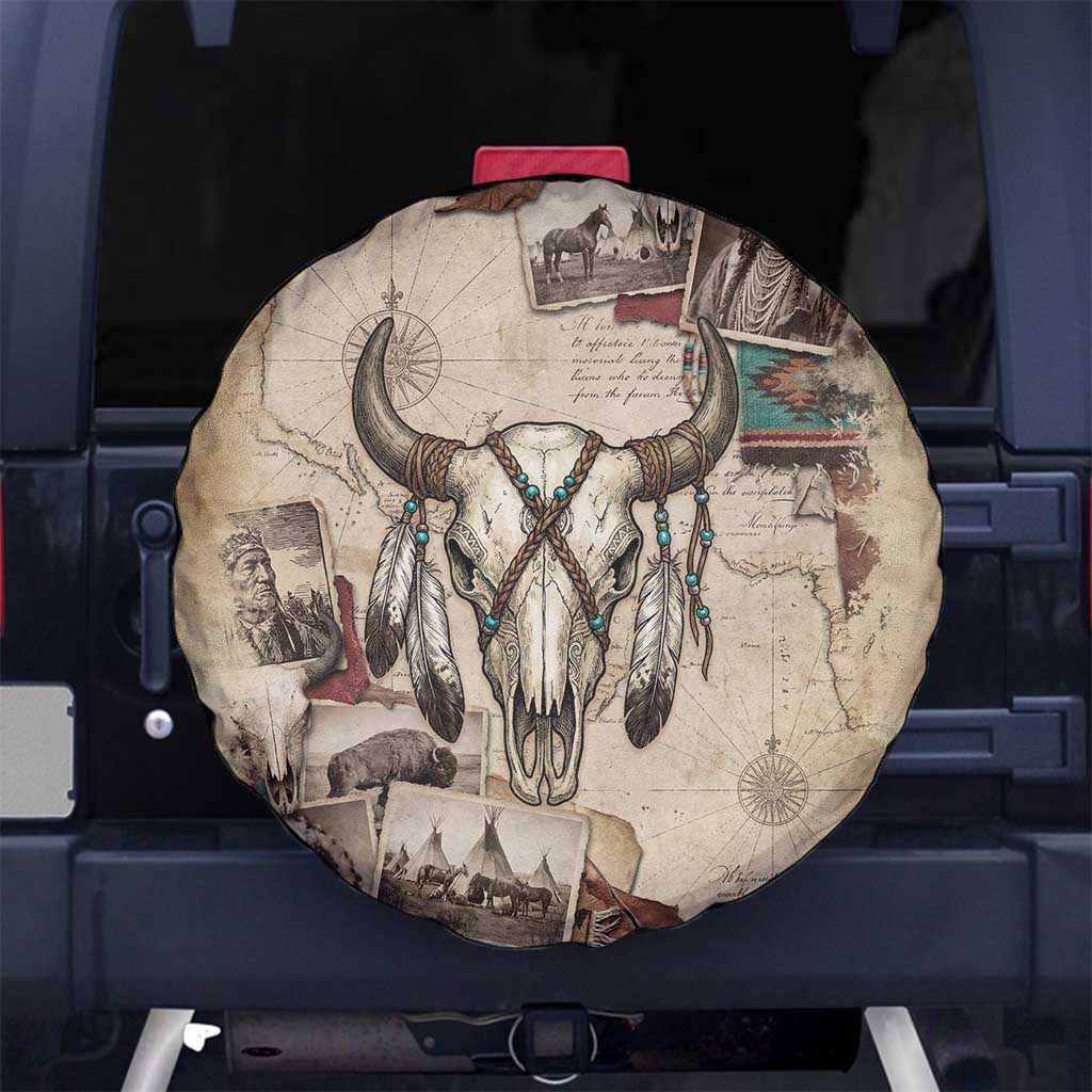 Buffalo Skull Spare Tire Cover Feathers Tribal Map and Historical Indigenous Native American Heritage Bison - Wonder Print Shop